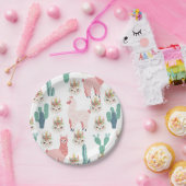 かわいいピンクのラマと緑のサボテン ペーパープレート (パーティー)