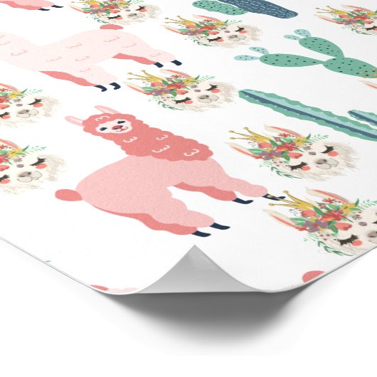 かわいいピンクのラマと緑のサボテン ポスター (角)