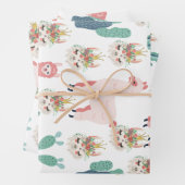 かわいいピンクのラマと緑のサボテン ラッピングペーパーシート (インサイチュ)