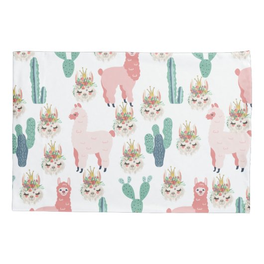 かわいいピンクのラマと緑のサボテン 枕カバー (裏面)