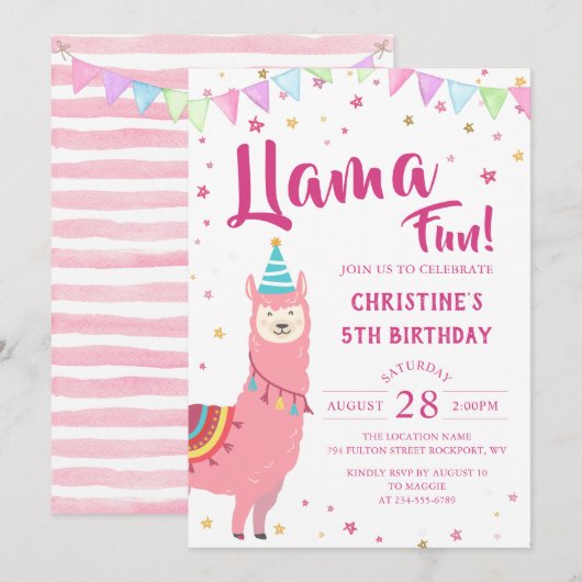 かわいいピンクのラマの楽しい誕生日パーティーの招待状 招待状 (正面/裏面)