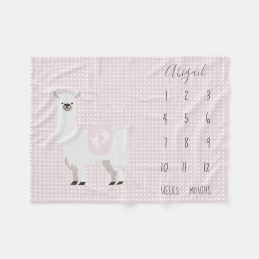 かわいいピンクのラマの水玉模様のベビーのマイル標石 フリースブランケット (正面(横))