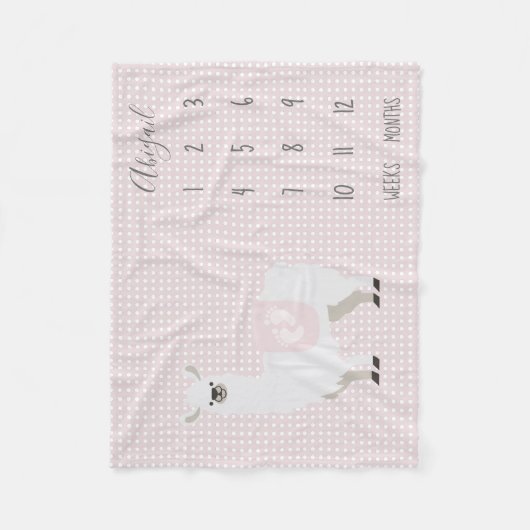 かわいいピンクのラマの水玉模様のベビーのマイル標石 フリースブランケット (正面)