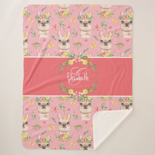 かわいいピンクのラマ柄小さな女の子 シェルパブランケット (正面)