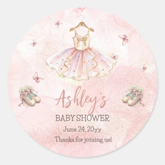かわいいピンクのリトルバレリナツチュガールベビーシャワー ラウンドシール (正面)