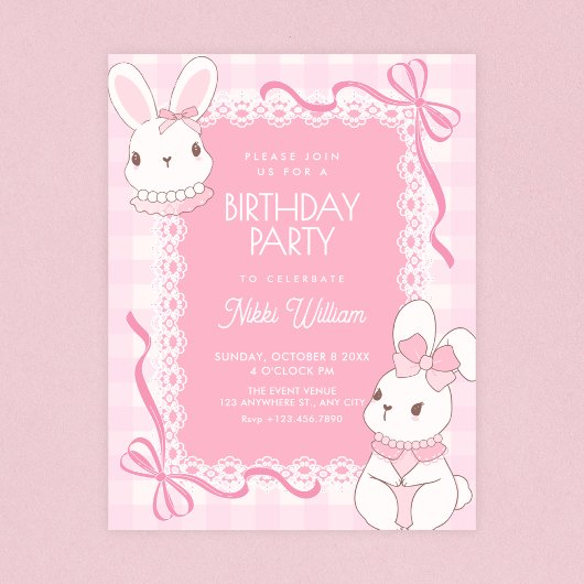 かわいいピンクのリボンのうさぎの誕生日 招待状