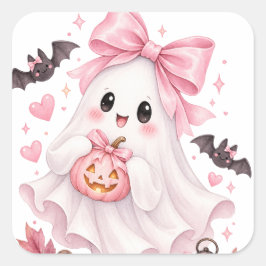 かわいいピンクのリボンのおばけのハロウィンステッカー スクエアシール