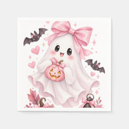 かわいいピンクのリボンのおばけのハロウィンステッカー スタンダードカクテルナプキン