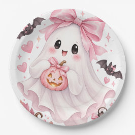 かわいいピンクのリボンのおばけのハロウィンステッカー ペーパープレート