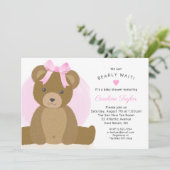 かわいいピンクのリボンのテディベア 赤ちゃん女の子のシャワー 招待状 (スタンド正面)