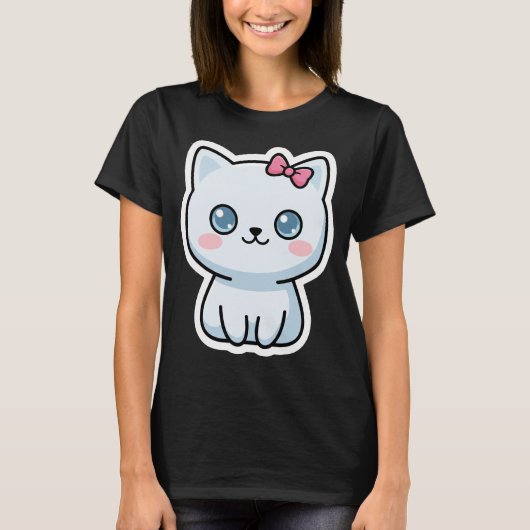 かわいいピンクのリボンを付けた白猫 Tシャツ (正面)