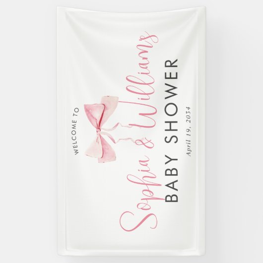 かわいいピンクのリボン女の子ベビーシャワーへようこそ 横断幕 (縦)