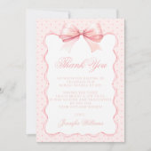 かわいいピンクのリボン水玉模様ベビーガールシャワー サンキューカード (正面)