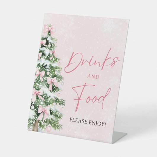 かわいいピンクのリボン クリスマスツリー 食べ物と飲み物 台座サイン (正面)
