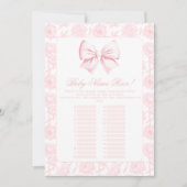 かわいいピンクのリボン 赤ちゃん女の子シャワーネームレースゲームカード 招待状 (正面)