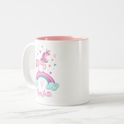 かわいいピンクのレインボーユニコーン ツートーンマグカップ (正面左)