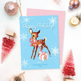 かわいいピンクのレトロな赤ちゃん鹿のフォトなしクリスマスカード