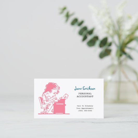 かわいいピンクのレトロキャラチャチュア女性会計士 名刺 (スタンド正面)