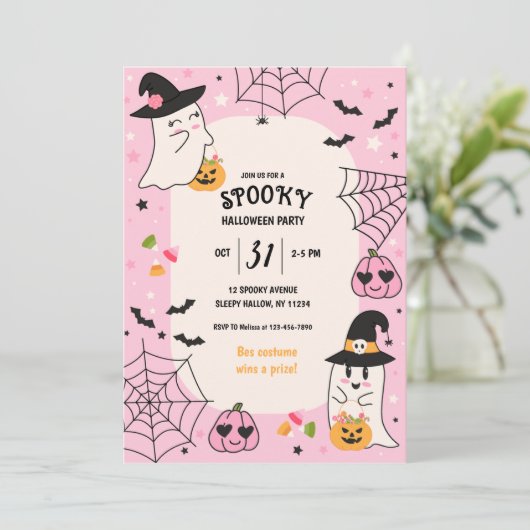 かわいいピンクのレトロハロウィンパーティー 招待状 (スタンド正面)
