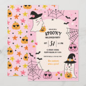 かわいいピンクのレトロハロウィンパーティー 招待状 (正面/裏面)
