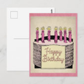 かわいいピンクのレトロ ハッピー バースデー ケーキ キャンドル ポストカード (正面/裏面)