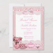 かわいいピンクのレースのリボン ハイティー ブライダルシャワー 招待状 (正面)