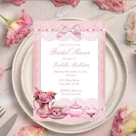 かわいいピンクのレースのリボン ハイティー ブライダルシャワー 招待状