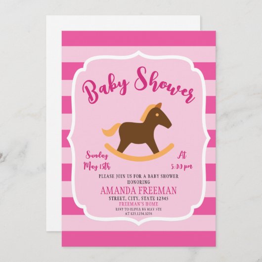 かわいいピンクのロッキングホース女の子の赤ちゃんシャワー 招待状 (正面/裏面)