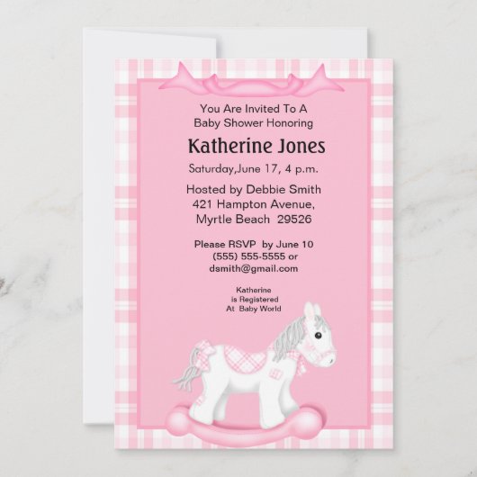 かわいいピンクのロッキングホース赤ちゃんシャワー招待状 招待状 (正面)