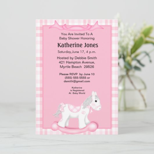 かわいいピンクのロッキングホース赤ちゃんシャワー招待状 招待状 (スタンド正面)