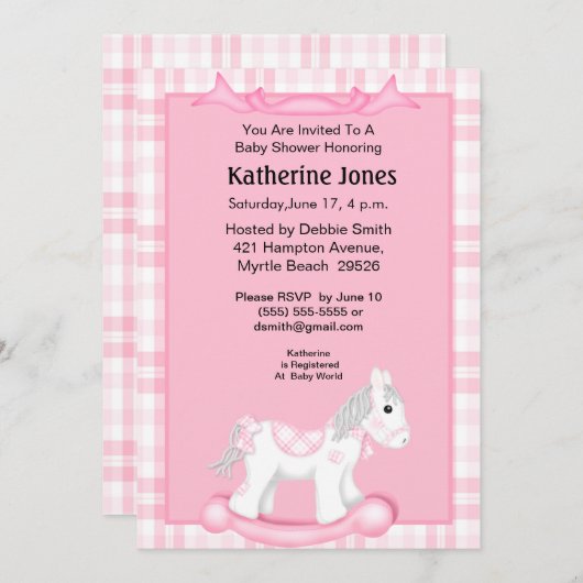 かわいいピンクのロッキングホース赤ちゃんシャワー招待状 招待状 (正面/裏面)