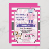 かわいいピンクのロボット女の子の誕生日パーティー 招待状 (正面/裏面)