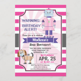かわいいピンクのロボット女の子の誕生日パーティー 招待状