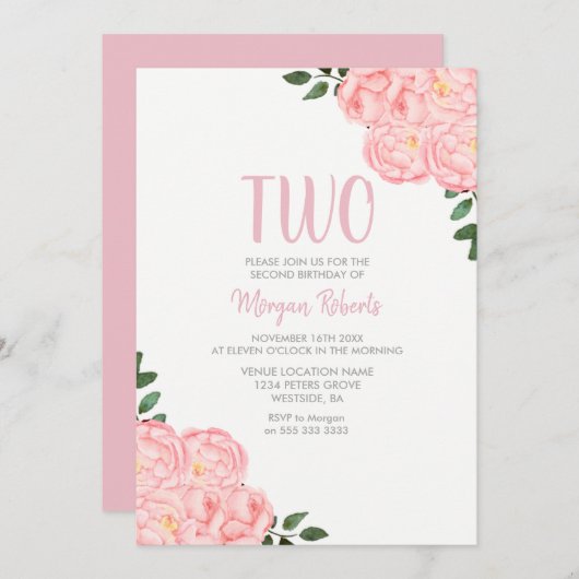 かわいいピンクのローズガールズ2nd誕生日パーティー招待状 招待状 (正面/裏面)