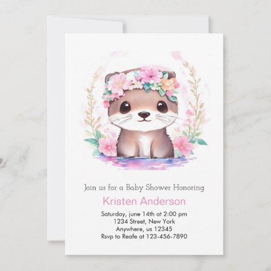 かわいいピンクのワイルドフラワーオッター魔法ガールベビーシャワー 招待状 (正面)