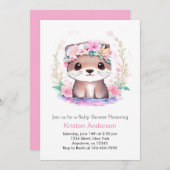 かわいいピンクのワイルドフラワーオッター魔法ガールベビーシャワー 招待状 (正面/裏面)