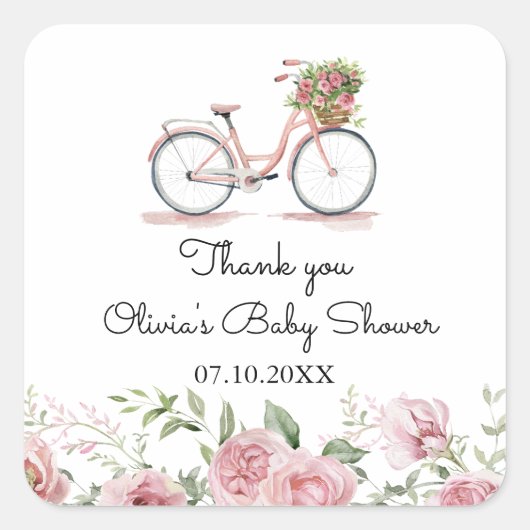 かわいいピンクのヴィンテージ自転車ガールベビーシャワー スクエアシール (正面)