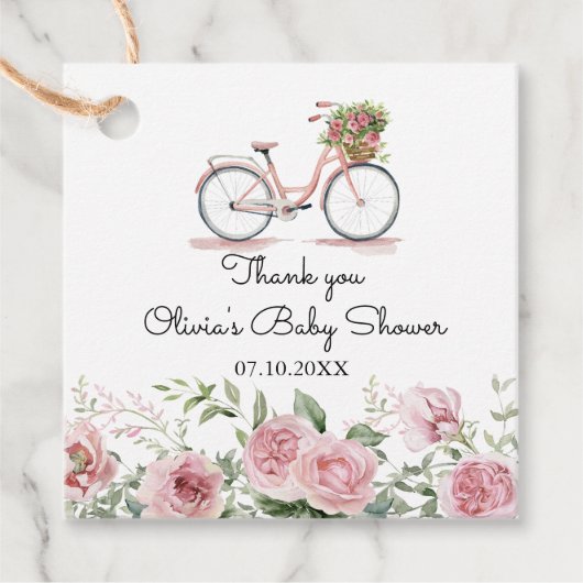 かわいいピンクのヴィンテージ自転車ガールベビーシャワー フェイバータグ (正面)