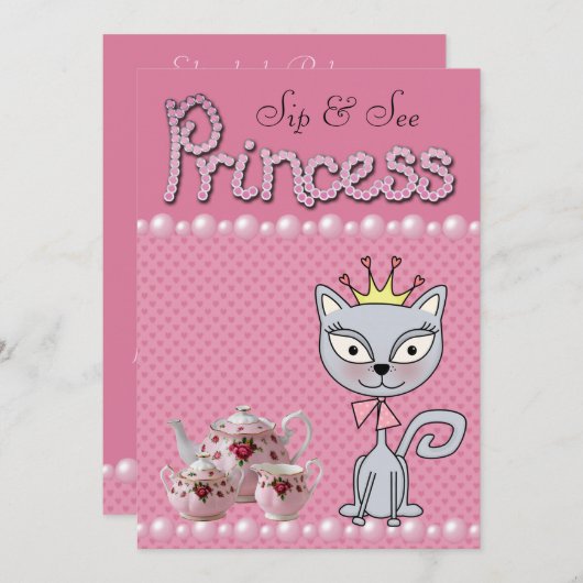 かわいいピンクの一口は及びベビーシャワーのプリンセスの子猫猫を見ます 招待状 (正面/裏面)