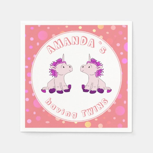 かわいいピンクの一角獣少女双子のベビーシャワーパーティー スタンダードカクテルナプキン (正面)