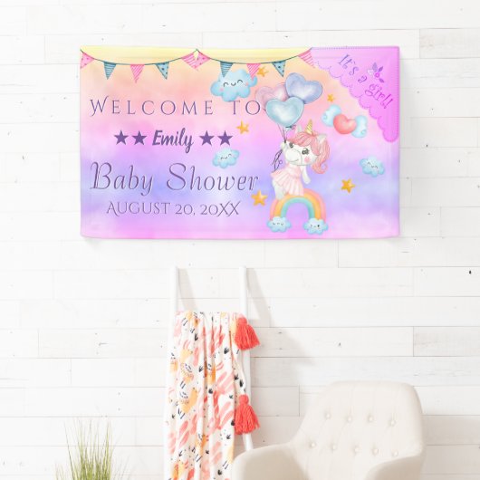 かわいいピンクの一角獣（ユニコーン）の女の子にハート風船 横断幕 (インサイチュ)