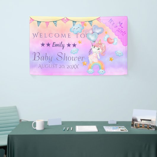 かわいいピンクの一角獣（ユニコーン）の女の子にハート風船 横断幕 (トレードショー)