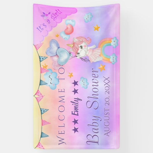 かわいいピンクの一角獣（ユニコーン）の女の子にハート風船 横断幕 (縦)