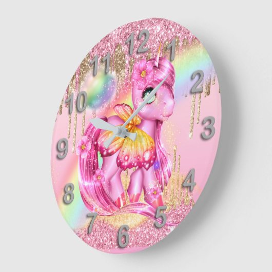 かわいいピンクの一角蝶の翼虹のグリッター ラージ壁時計 (傾斜)