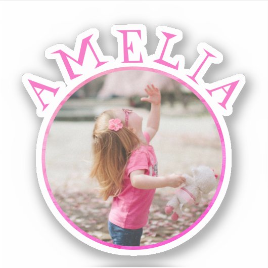 かわいいピンクの丸いフレーム名とフォトキッズステッカー シール (正面)