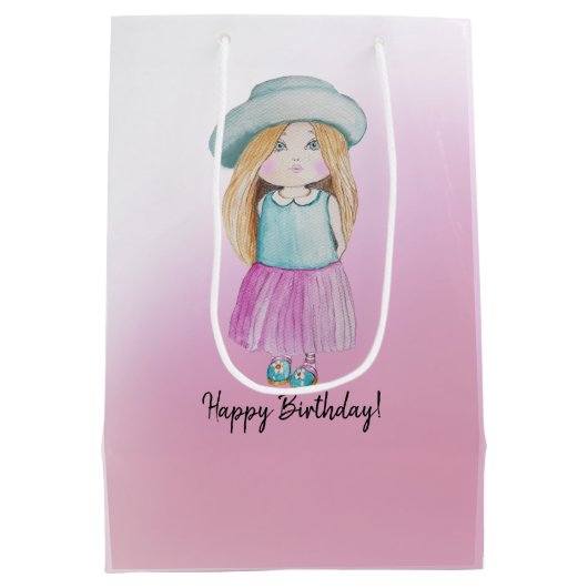 かわいいピンクの人形ハッピーバースデー水彩 ミディアムペーパーバッグ (裏面)