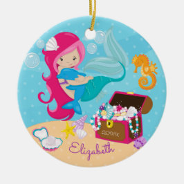 かわいいピンクの人魚とイルカのクリスマスオーナメント セラミックオーナメント
