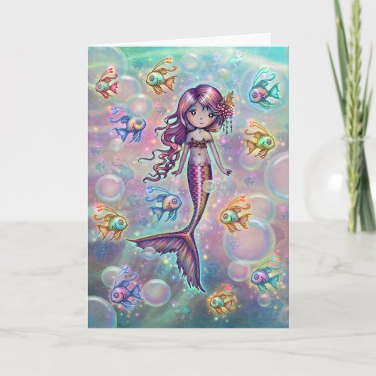 かわいいピンクの人魚と魚の幻想的なアート カード (正面)