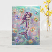 かわいいピンクの人魚と魚の幻想的なアート カード (黄色い花)