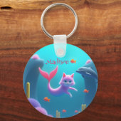 かわいいピンクの人魚の子猫 キーホルダー (正面)